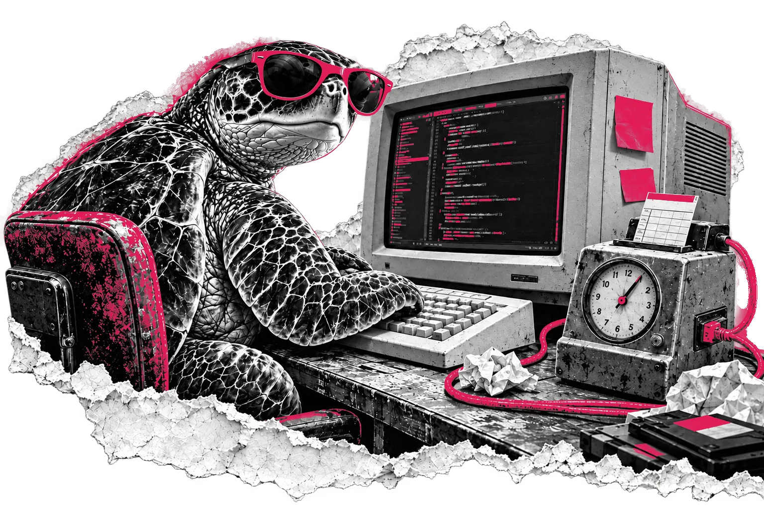 The conni turtle in pink sunglasses sits at an old computer writing code, with a time clock beside it.